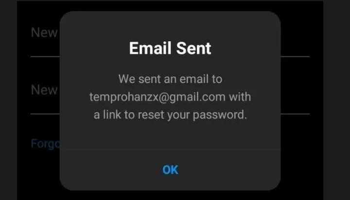 بعد از لمس گزینه "?forgot your password" لینک انتخاب رمز جدید به ایمیل یا شماره تماس متصل به پیج‌تان ارسال می‌شود و شما پیامی در صفحه مشاهده می‌کنید که به شما می‌گوید این لینک را از طریق ایمیل ارسال می‌کند یا شماره تماس